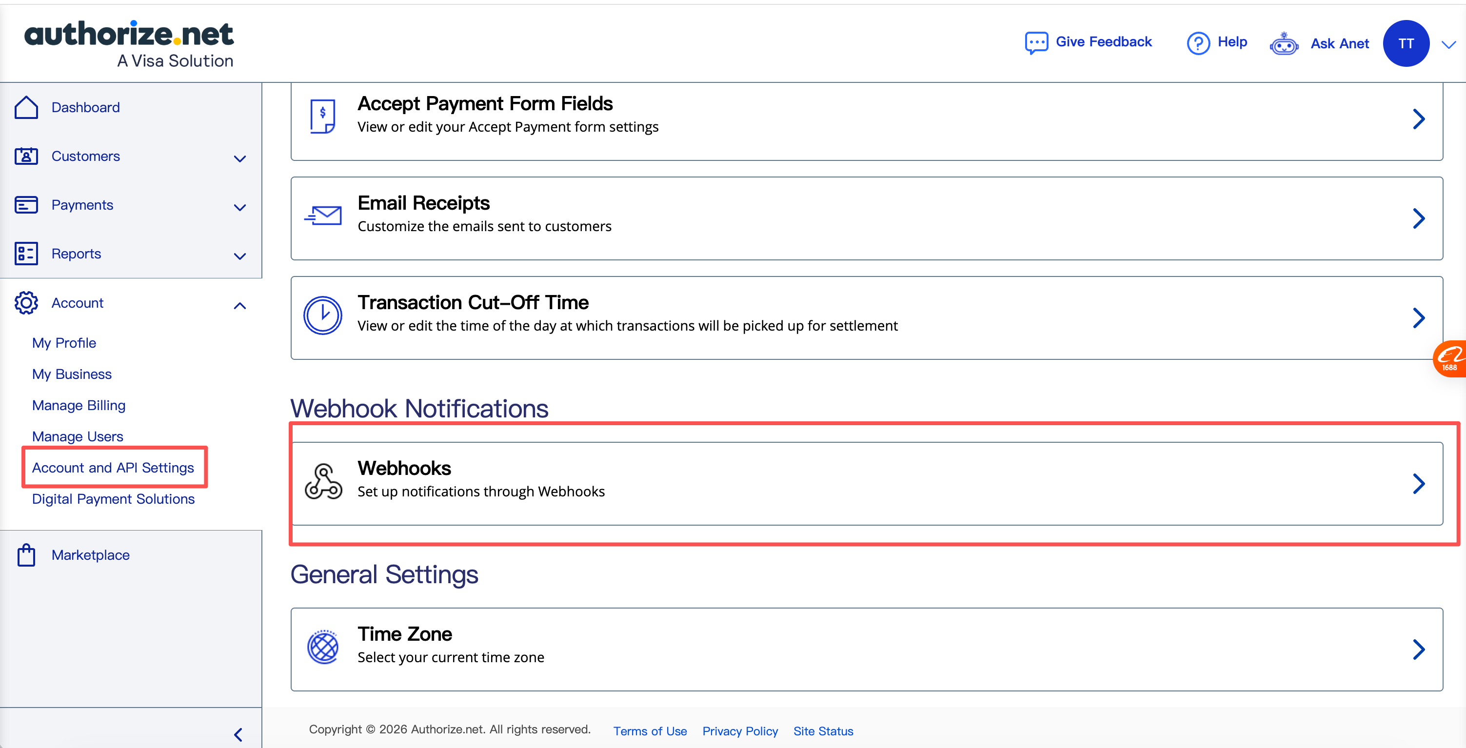Open Webhooks under Account and API Settings