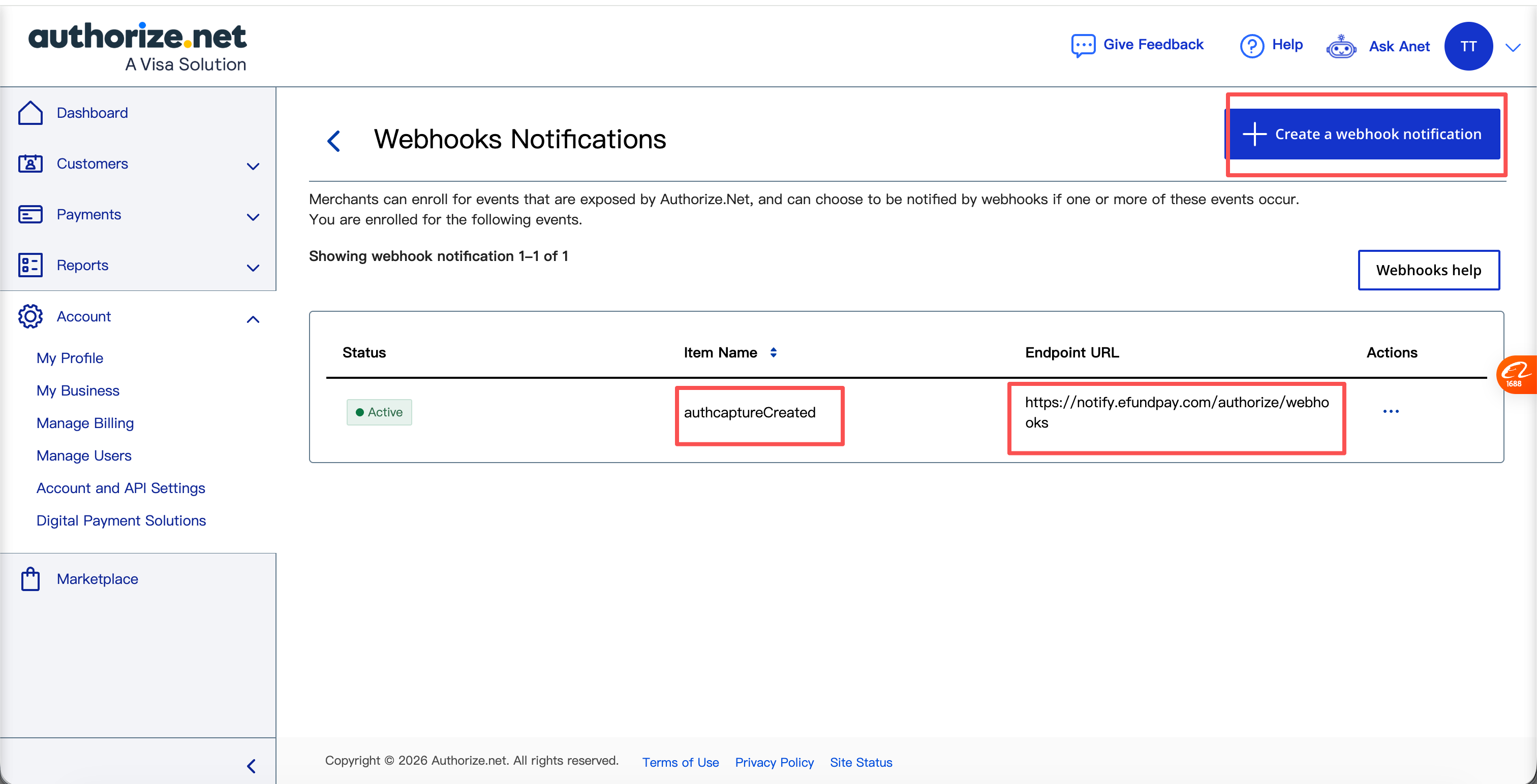 Verify the active Authorize.Net webhook and EFundPay endpoint URL