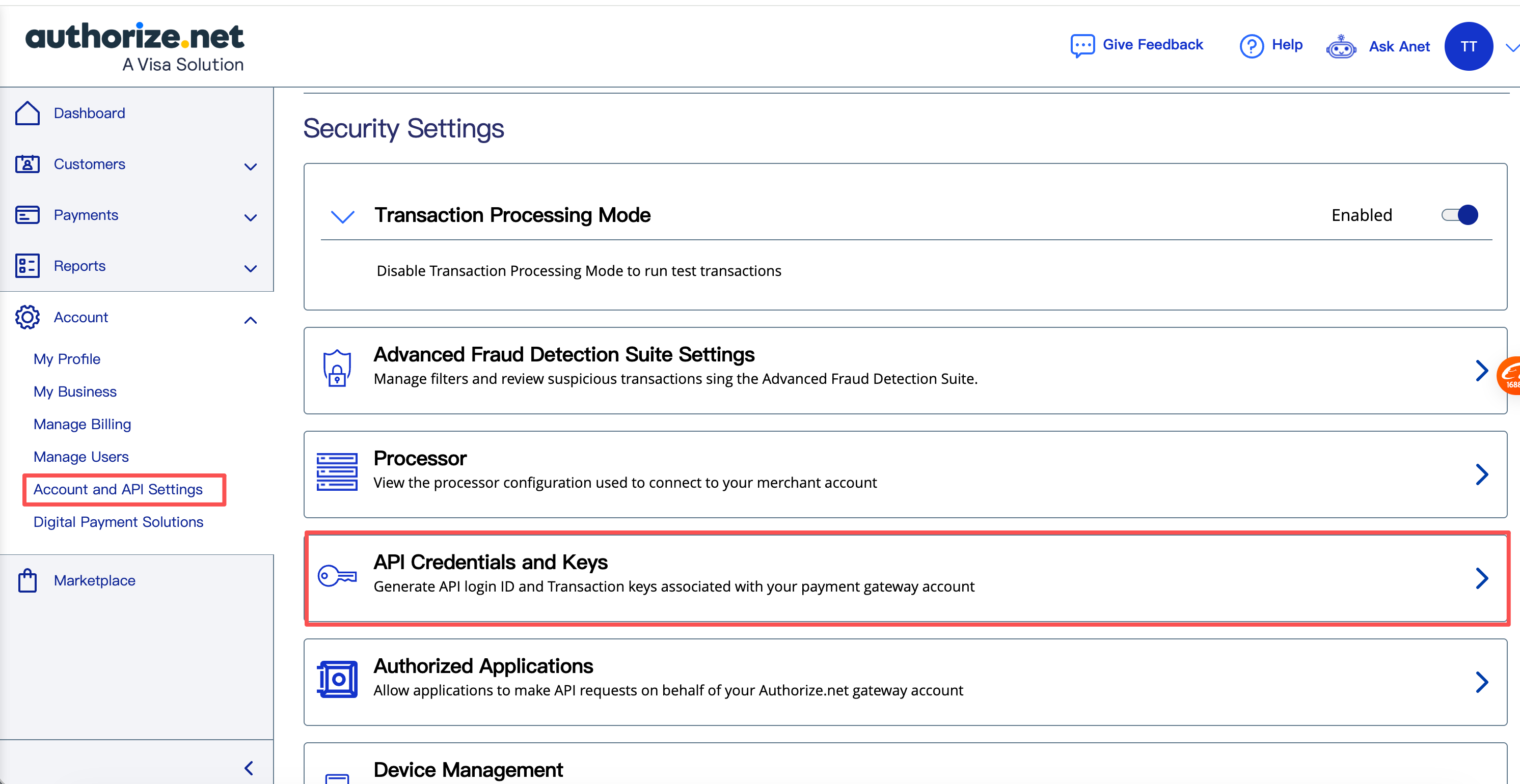 依次打开 Account and API Settings 和 API Credentials and Keys