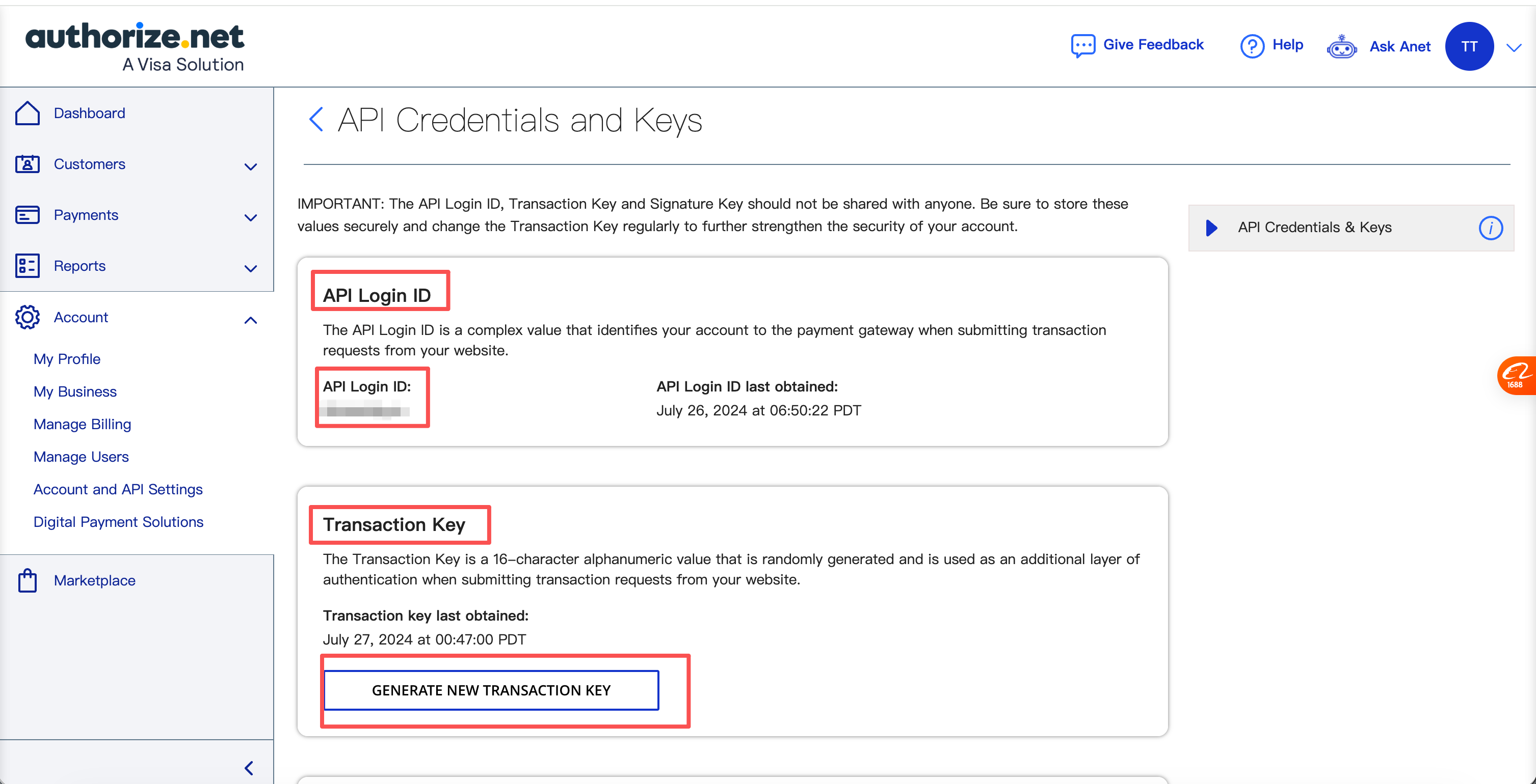 查找 API Login ID 并生成 Transaction Key